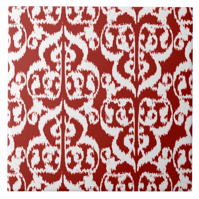 Azulejo De Cerámica Ikat Moorish Damask - rojo oscuro y blanco (Frente)