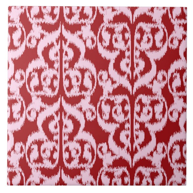 Azulejo De Cerámica Ikat Moorish Damask - rojo oscuro y rosa (Frente)