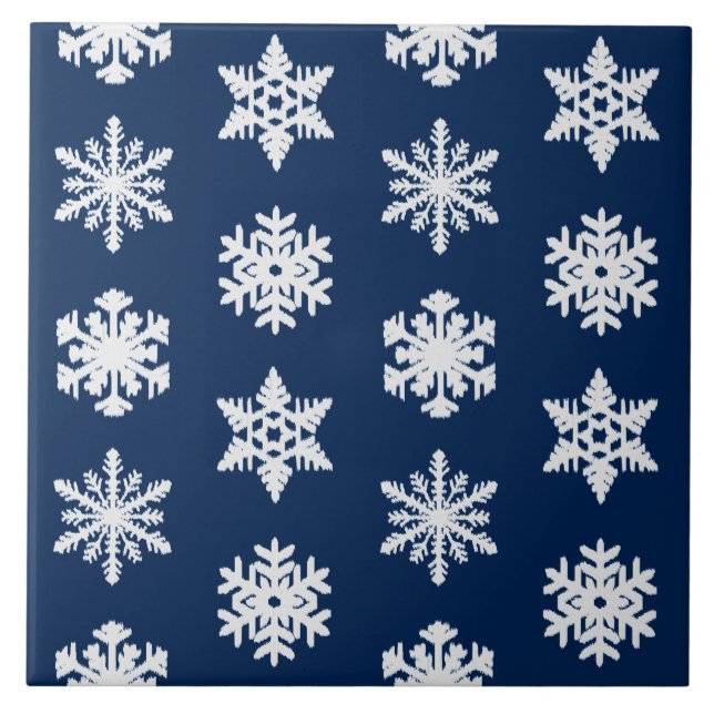 Azulejo De Cerámica Ikat Snowflakes - Azul marino blanco y oscuro (Frente)