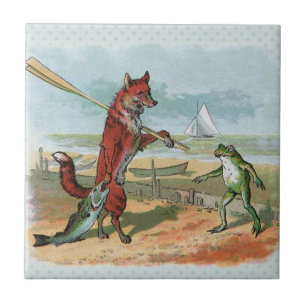 Azulejo De Cerámica Ilustración caprichosa de playa con zorro y rana v