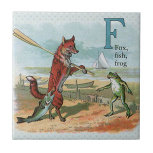 Azulejo De Cerámica Ilustración caprichosa de playa con zorro y rana v