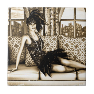 Azulejo De Cerámica Ilustración de mujer flapper Art Deco sepia