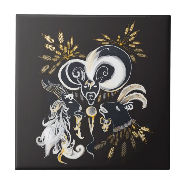 Azulejo De Cerámica Ilustracion de tinta de cabras cantantes en blanco (Frente)