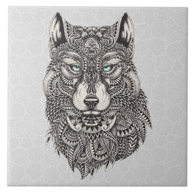 Azulejo De Cerámica Ilustracion Gris y Lobo Verde Negro (Frente)
