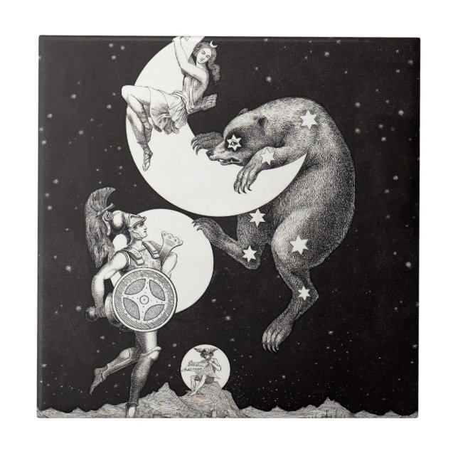 Azulejo De Cerámica Ilustracion nocturno del cielo celeste de la luna (Frente)