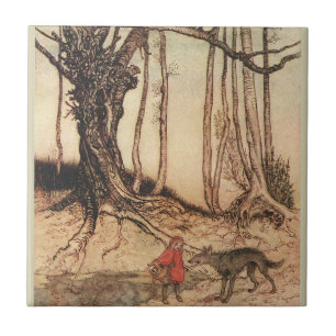 Azulejo De Cerámica Ilustración vintage de Caperucita Roja y el Lobo d