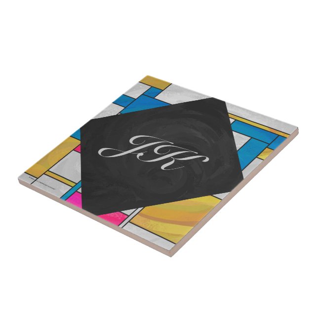 Azulejo De Cerámica Impresión azul rosa amarillo mondriano (Lado)