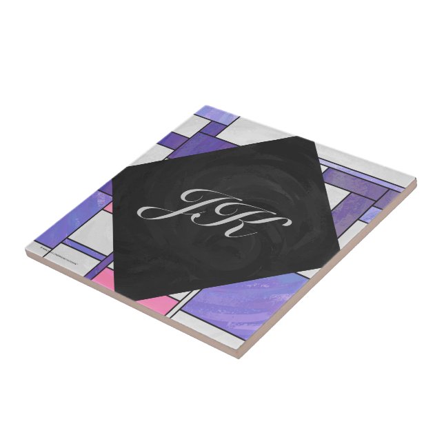 Azulejo De Cerámica Impresión blanca rosada morada mondriana (Lado)