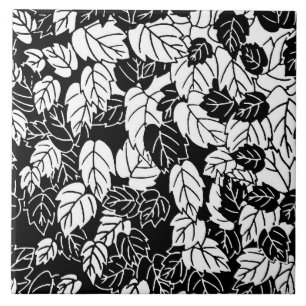 Azulejo De Cerámica Impresión de hojas japonesas, negro y blanco