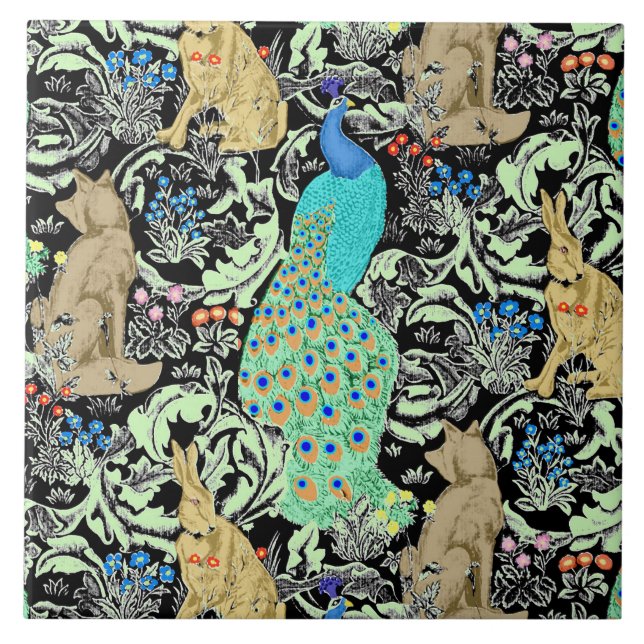 Azulejo De Cerámica Impresión de pavo real de estilo Art Nouveau, turq (Frente)
