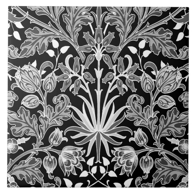 Azulejo De Cerámica Impresión de William Morris, blanco y negro (Frente)