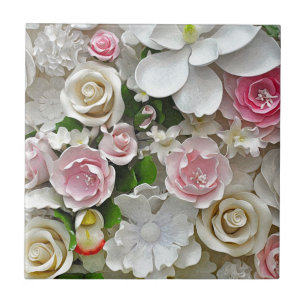 Azulejo De Cerámica Impresión floral rosada y blanca