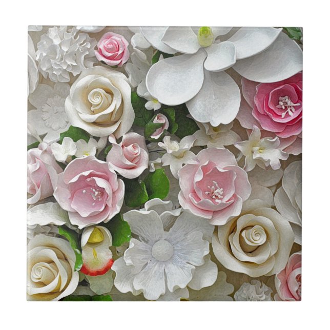 Azulejo De Cerámica Impresión floral rosada y blanca (Frente)