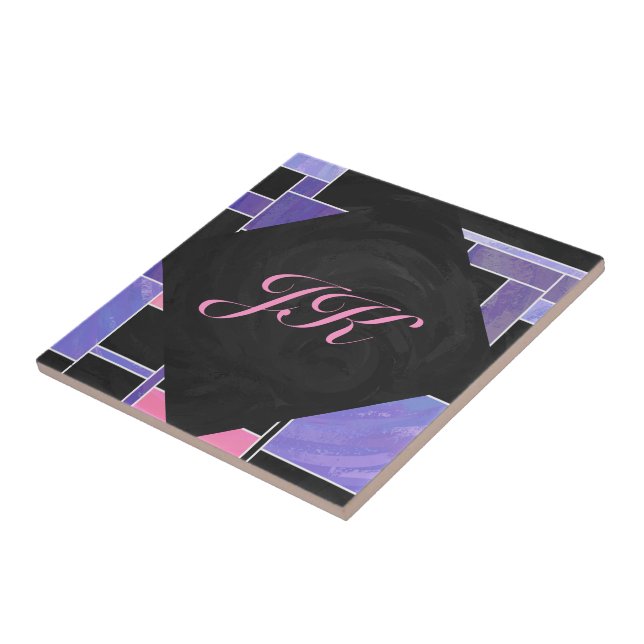 Azulejo De Cerámica Impresión negra mondriana morada rosada (Lado)