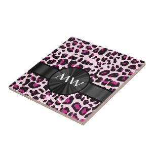 Azulejo De Cerámica Impresión y monograma de leopardo rosa