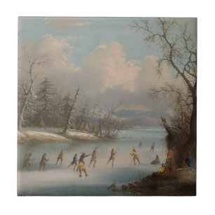 Azulejo De Cerámica Indios que juegan LaCrosse en el hielo
