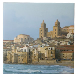 Azulejo De Cerámica Italia, Sicilia, Cefalù, Vista con Duomo desde 2