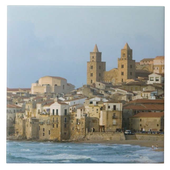 Azulejo De Cerámica Italia, Sicilia, Cefalu, Vista con el Duomo desde  (Frente)