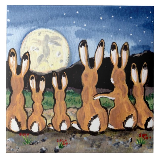 Azulejo De Cerámica Jackrabbits viendo la luna azul oscuro 6" Tile Tri (Frente)
