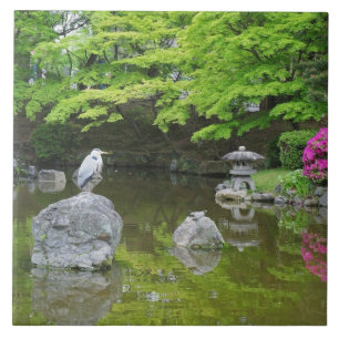 Azulejo De Cerámica Japón, Kyoto. Garza en hojas verdes frescas