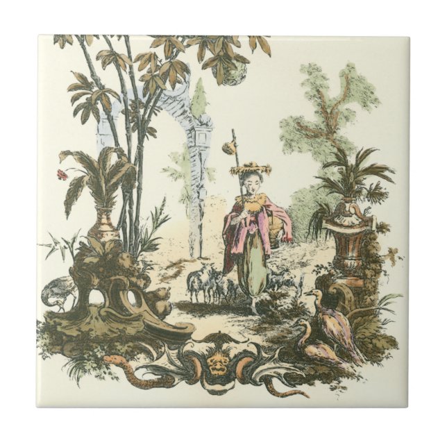 Azulejo De Cerámica Jardín asiático con mujeres y animales (Frente)