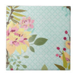 Azulejo De Cerámica Jardín floral, fondo azul<br><div class="desc">Jardín floral,  fondo azul. Artista: June Erica Vess. ID de la imagen: 105963D.</div>