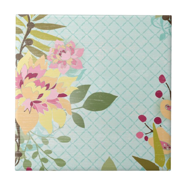 Azulejo De Cerámica Jardín floral, fondo azul (Frente)