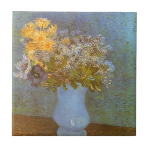 Azulejo De Cerámica Jarrón de Vincent van Gogh de Lilas, Margaritas, A