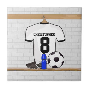 Azulejo De Cerámica Jersey de fútbol negro blanco personalizado del