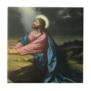 Azulejo De Cerámica Jesús Cristo vintage rezando, Huerto de Getsemaní