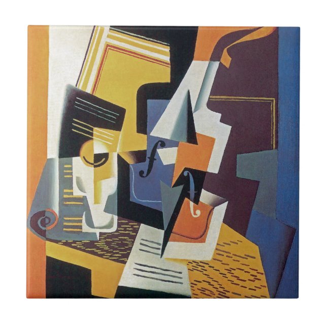 Azulejo De Cerámica Juan Gris - Violín y vidrio - Arte abstracto (Frente)