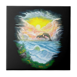 Azulejo De Cerámica Jugando a los delfines al sol
