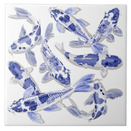 Azulejo De Cerámica Koi azul y blanco