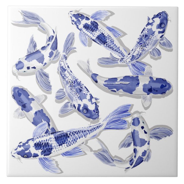 Azulejo De Cerámica Koi azul y blanco (Frente)