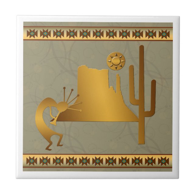 Azulejo De Cerámica Kokopelli Mesa & Cactus Set #2 (Frente)
