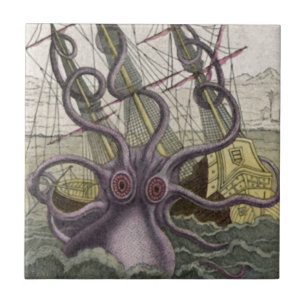 Azulejo De Cerámica Kraken/pulpo Eatting un barco pirata, color