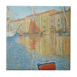 Azulejo De Cerámica La Boya Roja de Paul Signac, Puntillismo Vintage