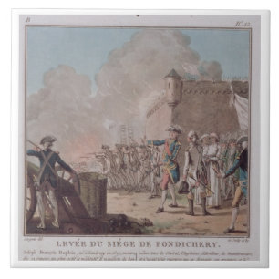 Azulejo De Cerámica La elevación del cerco de Pondicherry, 1748, graba