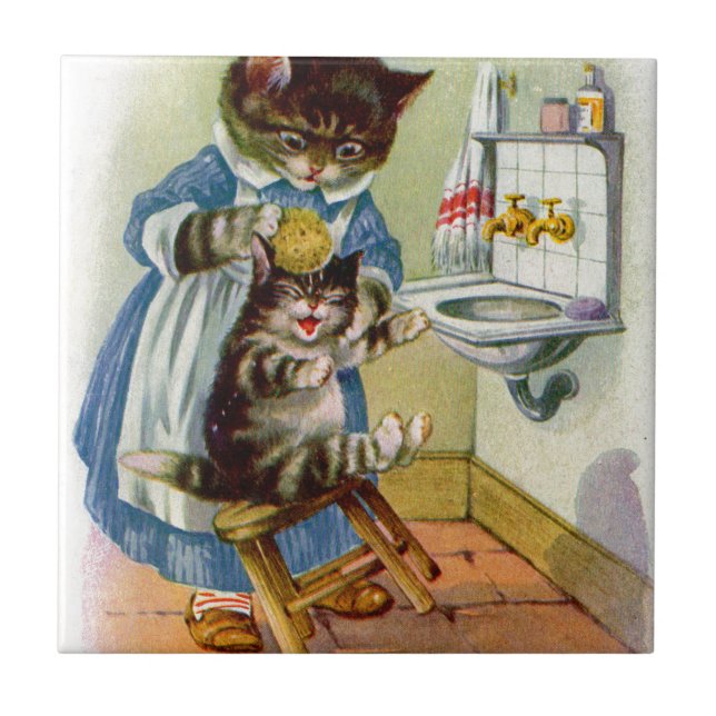 Azulejo De Cerámica la mamá del gato del gatito de los años 30 lava su (Frente)
