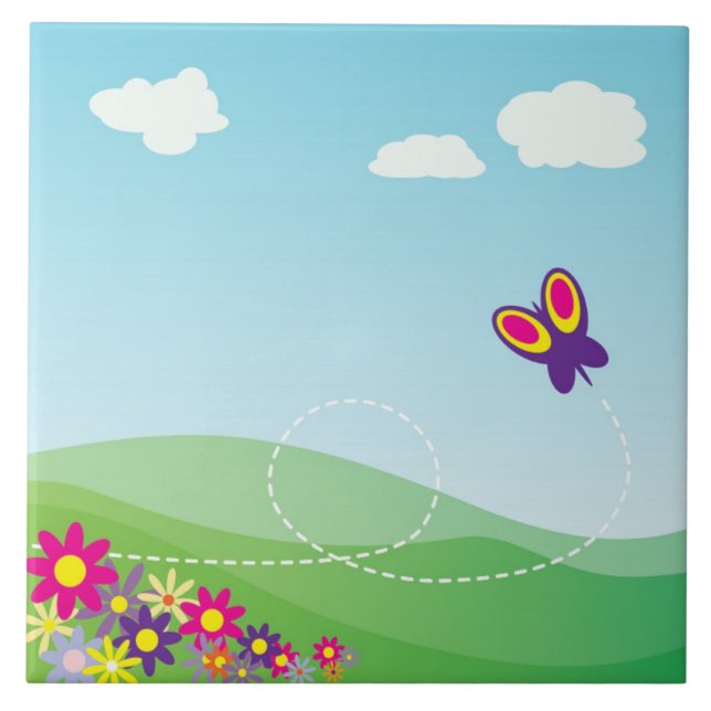 AZULEJO DE CERÁMICA LADO DE COLINA CON MARIPOSA Y FLORES (Frente)