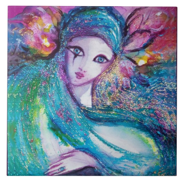 Azulejo De Cerámica LADY BLUE MASK Venetis Masquerade Ball, verde azul (Frente)