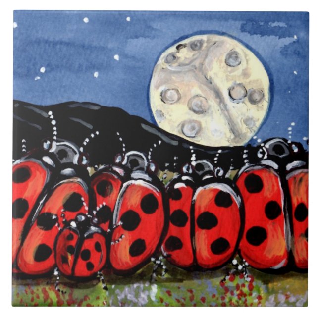 Azulejo De Cerámica Ladybug Family Moon Night Design 6" Tile Trivet (Frente)