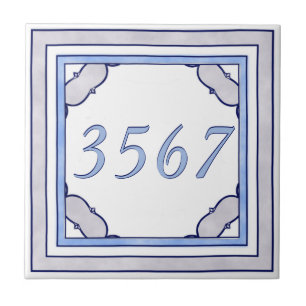 Azulejo De Cerámica Lavanda y número de pequeña casa azul