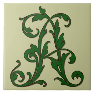 Azulejo De Cerámica Leaf Letter A in Green Monogram Tile