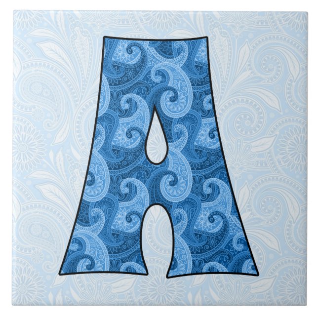 Azulejo De Cerámica Letra A - Paisley azul monogramada (Frente)