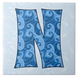 Azulejo De Cerámica Letra N - Paisley azul monogramada