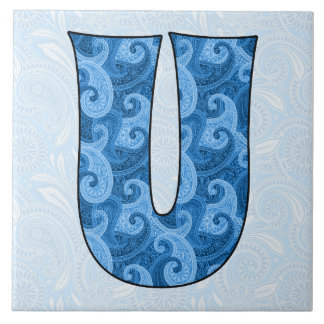 Azulejo De Cerámica Letra U - mosaico monogramado azul paisley de 6 pu