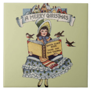 Azulejo De Cerámica Libro de Niña Antigüita y Papá Noel de Navidad