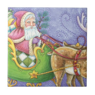 Azulejo De Cerámica Lindo Papá Noel de dibujos animados de Navidad Tri