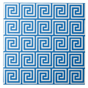 Azulejo De Cerámica Llave griega, azul cerúleo y blanco